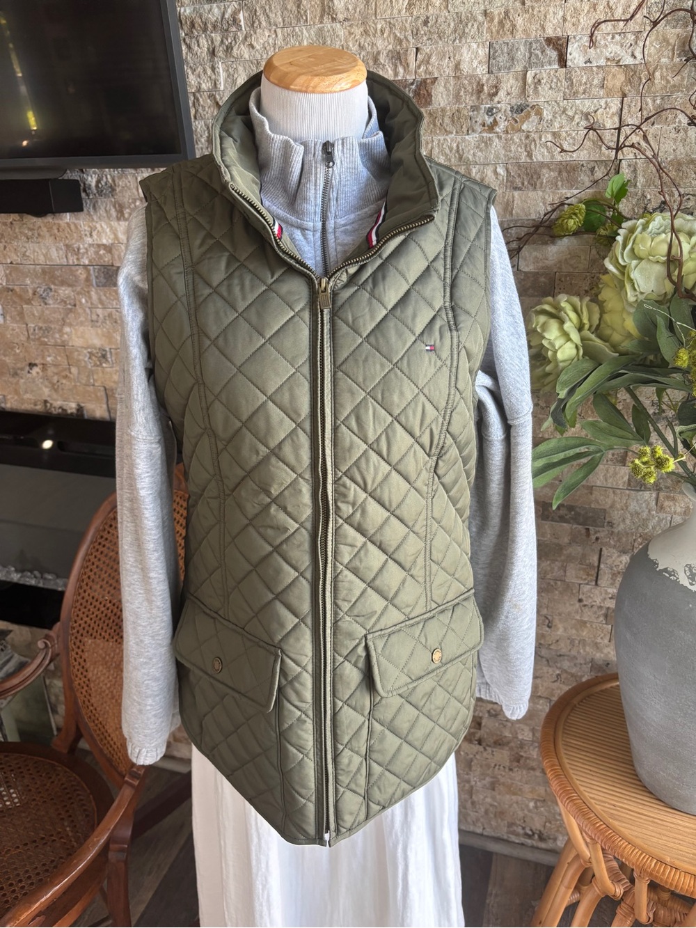 Tommy Hilfiger Olive Quilted Sleeveless Vest
